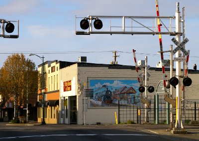 A steam train mural in downtown Puyallup, Washington.