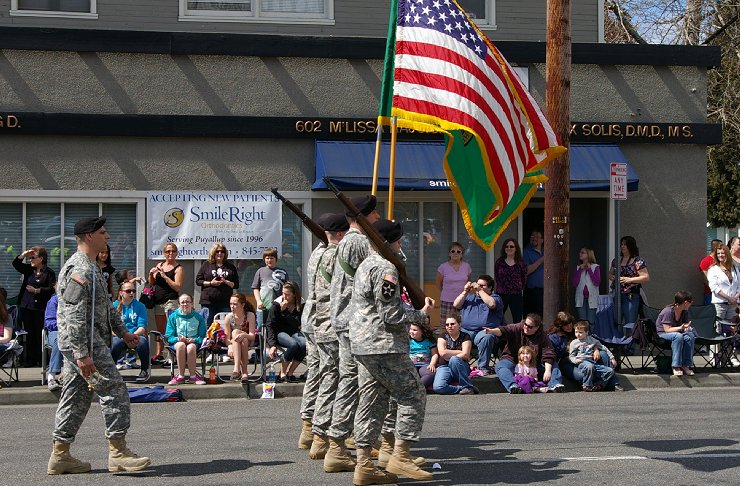 The Daffodil Floral Parade in Puyallup, Washington began with a color guard from Joint Base Lewis McChord.