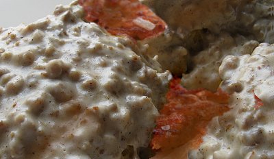 Biscuits and gravy with hashbrowns for Knapps Restaruant in the Proctor District of Tacoma, Washington.