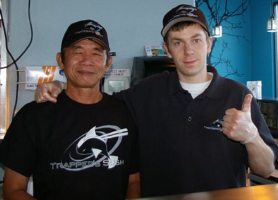 Excellent shushi maker Luke and another sushi chef at Sushi Town/Trapper Sushi in Puyallup, Washington.